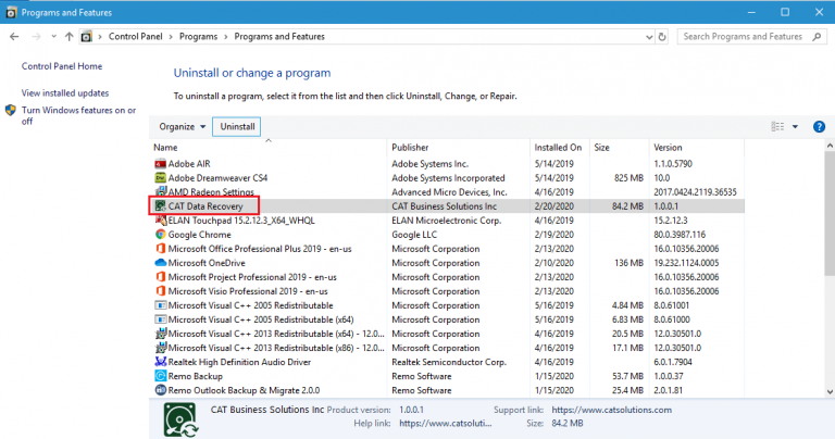 Uninstall-cat-from-control-panel