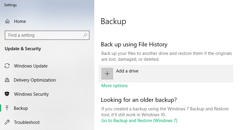 Connect the external storage drive that was used to create restore point, click on Backup and select Add a drive.