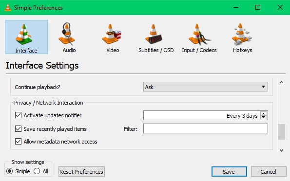 Under Privacy / Network Interaction, check Allow metadata network access and click on Save to fix codec error in VLC