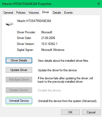 click on uninstall device to repair corrupt SD card