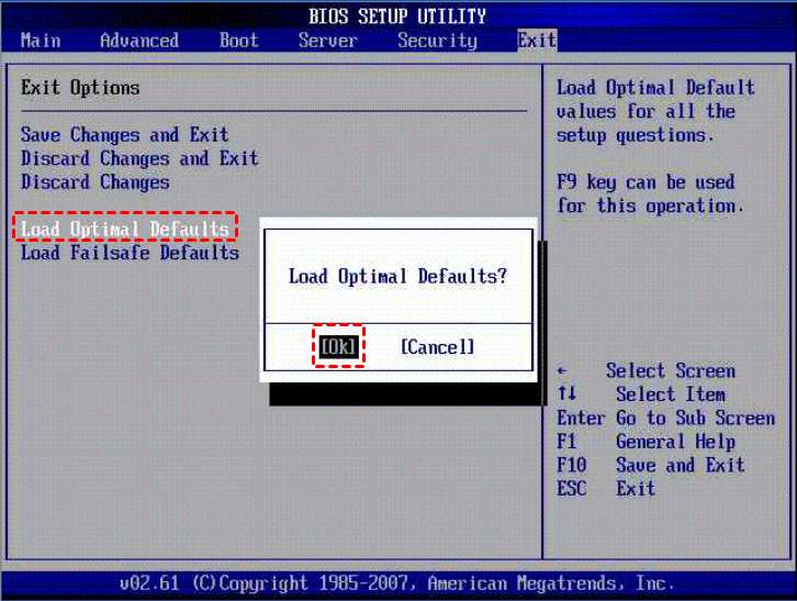 load optimal settings in bios utility