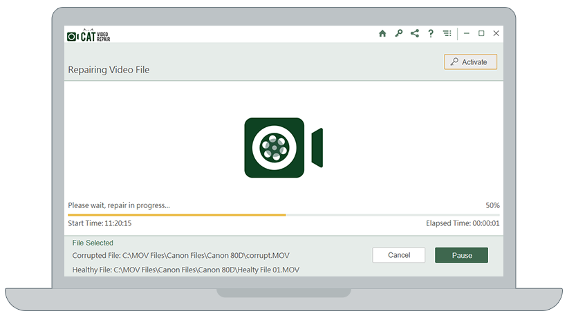 the CAT video repair tool will start repairing the corrupt video file